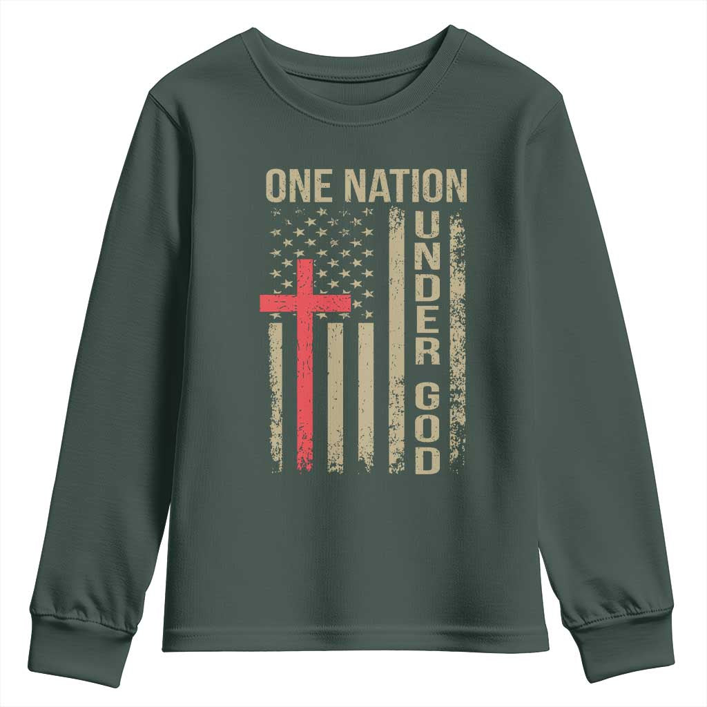 Funny One Nation Under God Youth Sweatshirt 4th Of July Patriotic Christian American Flag TS11 Dark Forest Green Print Your Wear