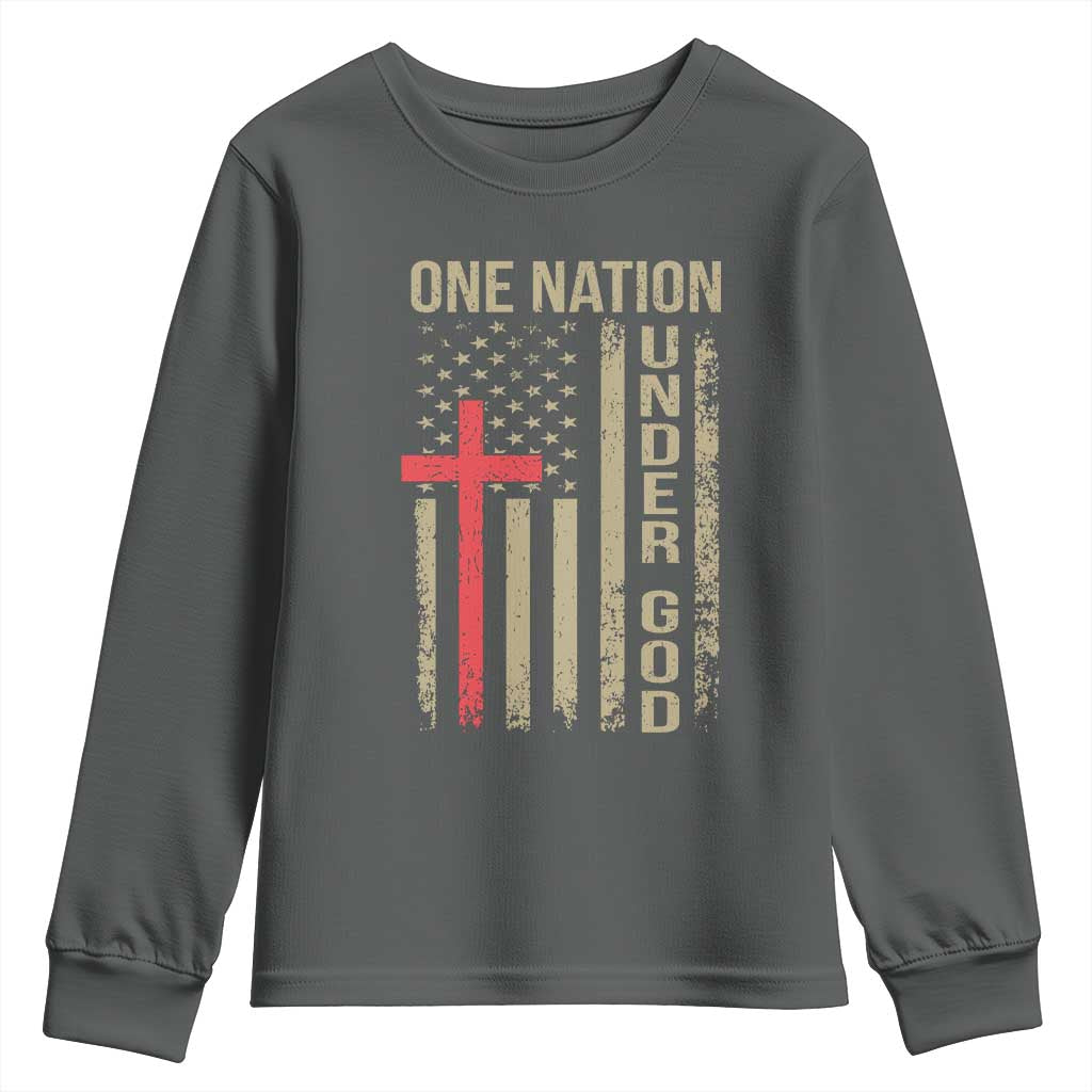 Funny One Nation Under God Youth Sweatshirt 4th Of July Patriotic Christian American Flag TS11 Dark Heather Print Your Wear