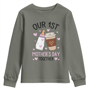 Funny Our First Mother's Day Together Youth Sweatshirt Mom And Baby Matching TS11 Military Green Print Your Wear