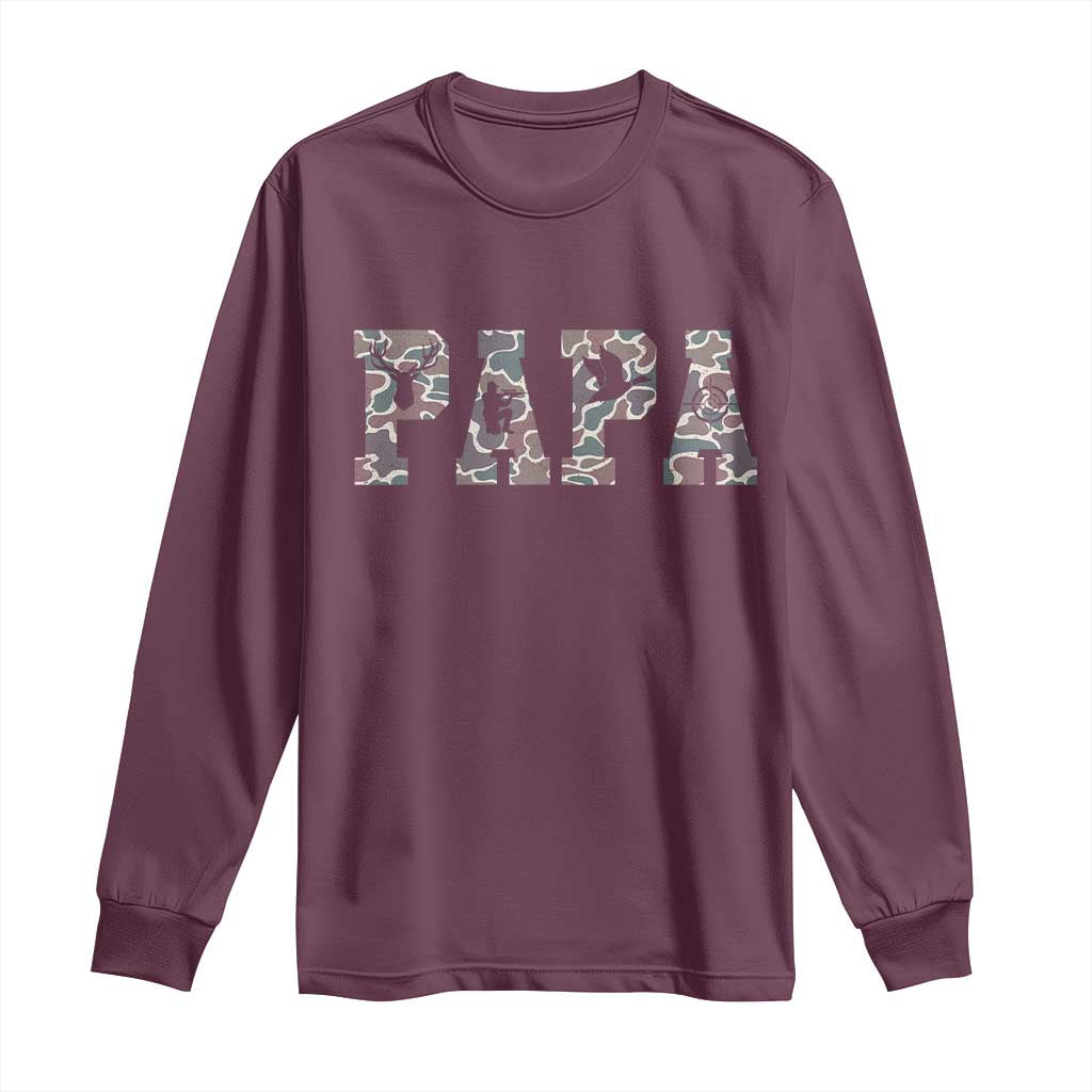 Funny Papa Hunting Long Sleeve Shirt Deer Hunter Father's Day Camouflage Flag TS11 Maroon Print Your Wear