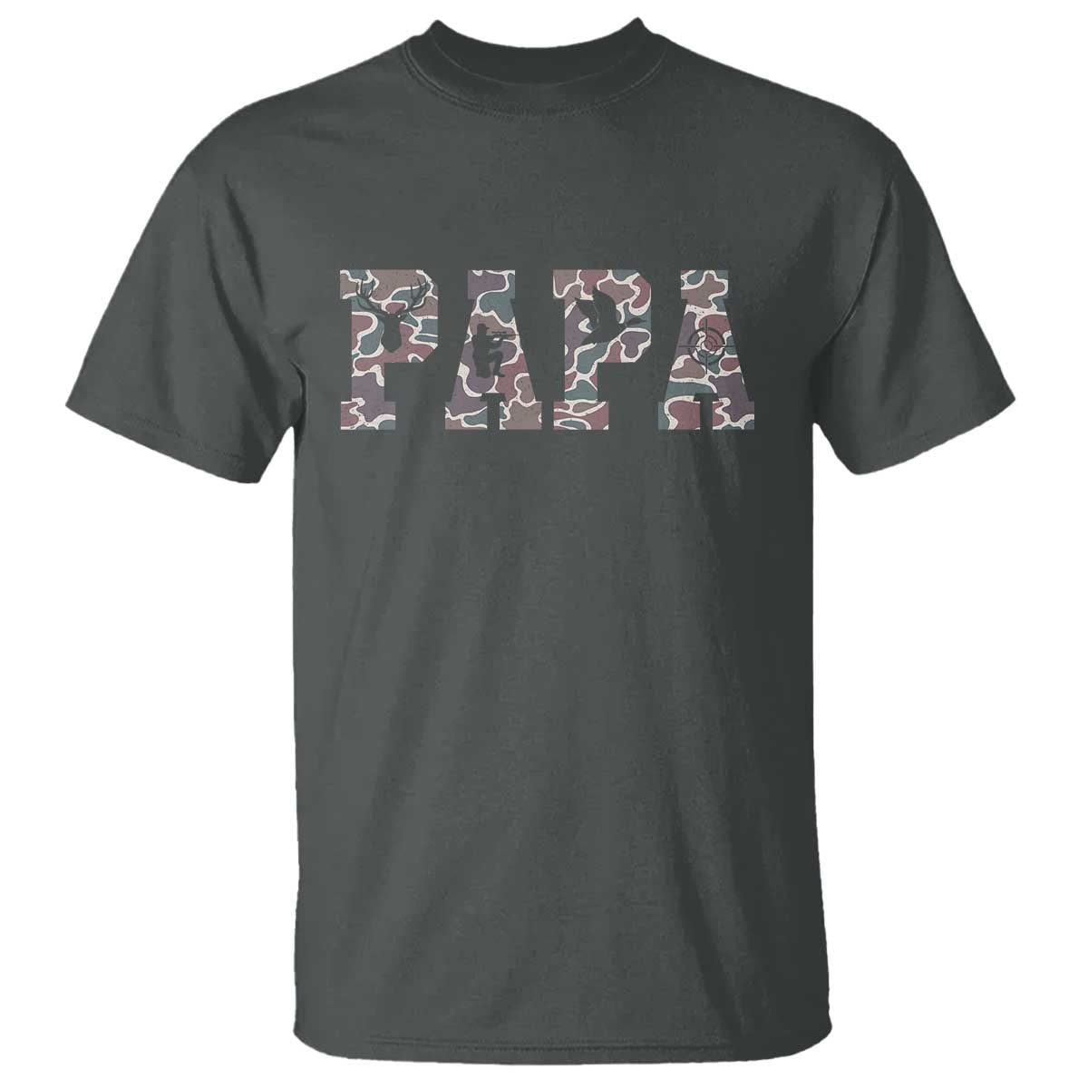 Funny Papa Hunting T Shirt Deer Hunter Father's Day Camouflage Flag TS11 Dark Heather Print Your Wear