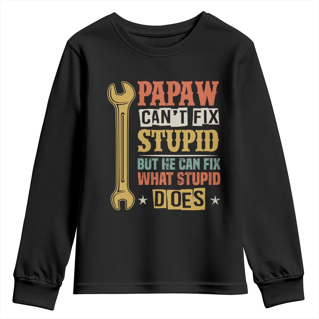 Funny Papaw Can't Fix Stupid But He Can Fix What Stupid Does Youth Sweatshirt Grandpa Father's Day TS11 Black Print Your Wear