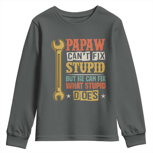 Funny Papaw Can't Fix Stupid But He Can Fix What Stupid Does Youth Sweatshirt Grandpa Father's Day TS11 Dark Heather Print Your Wear