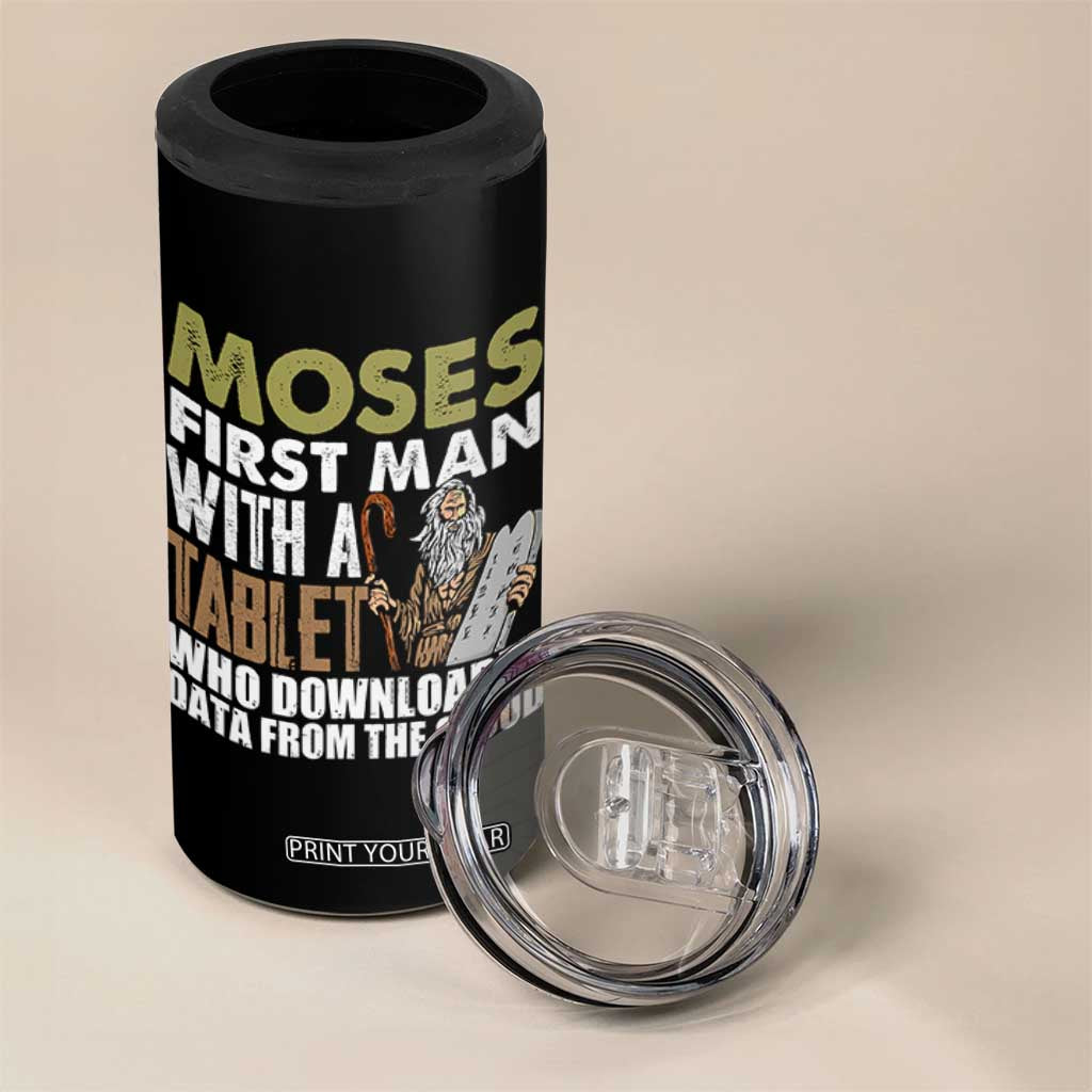 Funny Passover Jewish Tech Pun 4 in 1 Can Cooler Tumbler Moses First Man with a Tablet Who Downloaded Data from the Cloud TS02 Print Your Wear