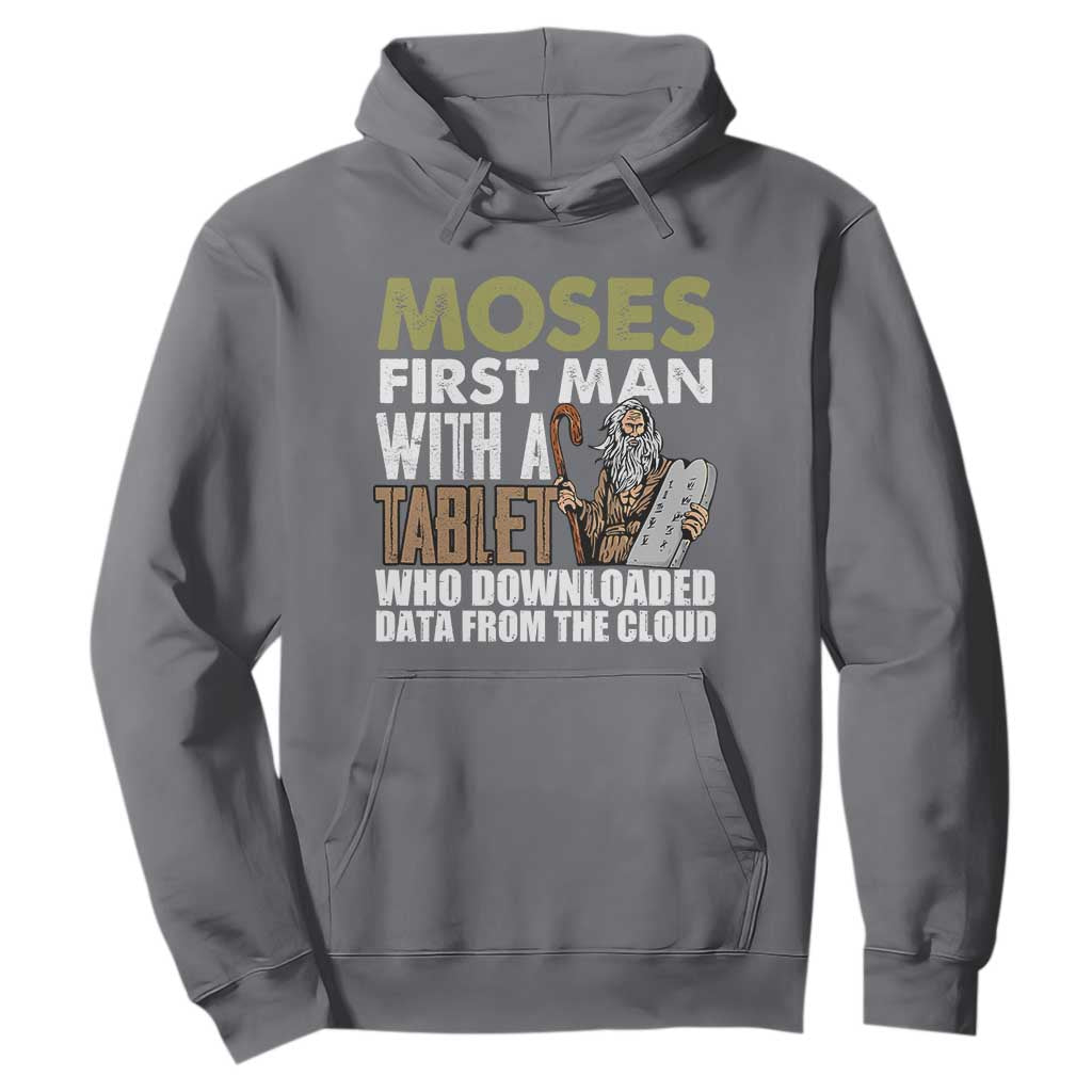 Funny Passover Jewish Tech Pun Hoodie Moses First Man with a Tablet Who Downloaded Data from the Cloud TS02 Charcoal Print Your Wear