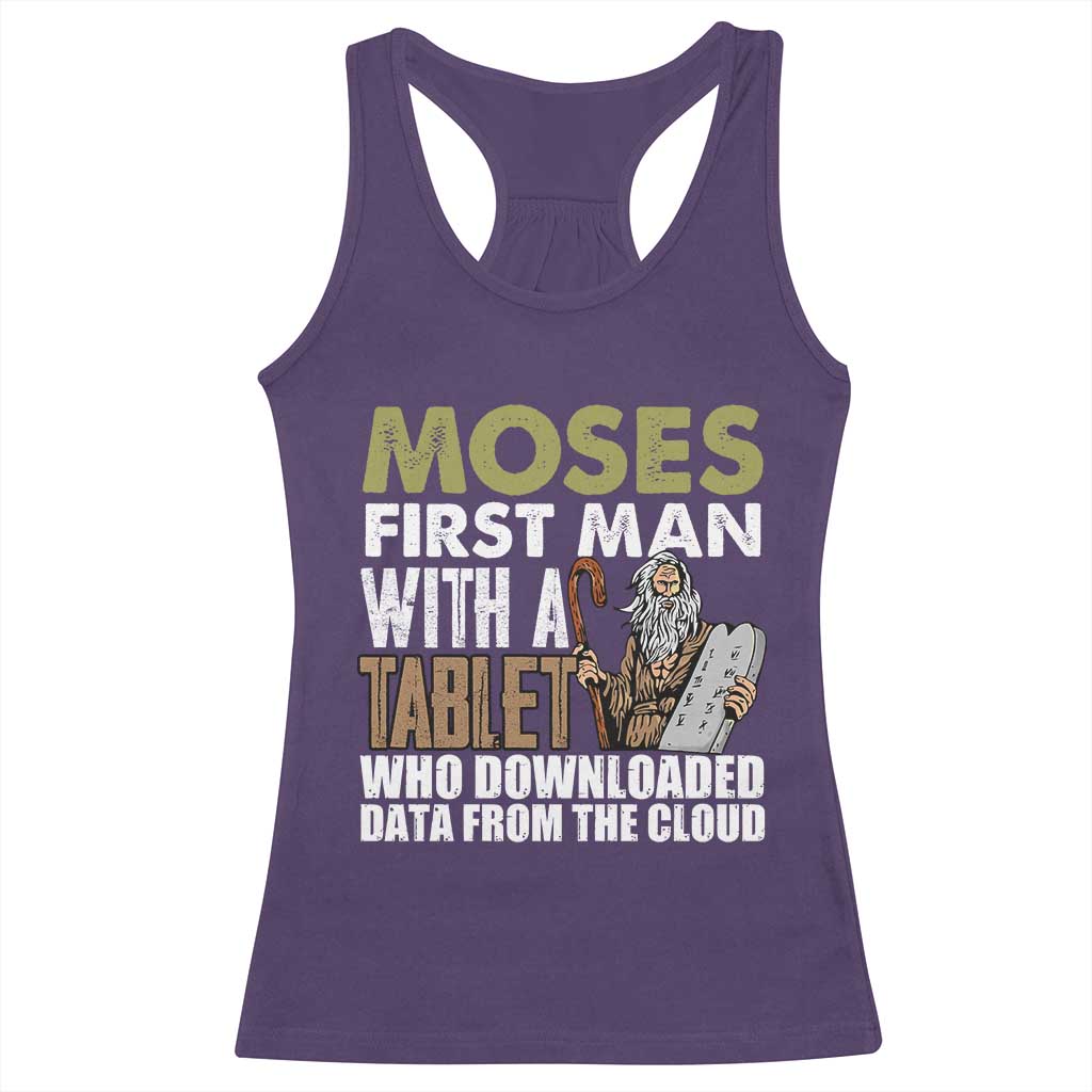 Funny Passover Jewish Tech Pun Racerback Tank Top Moses First Man with a Tablet Who Downloaded Data from the Cloud TS02 Purple Print Your Wear
