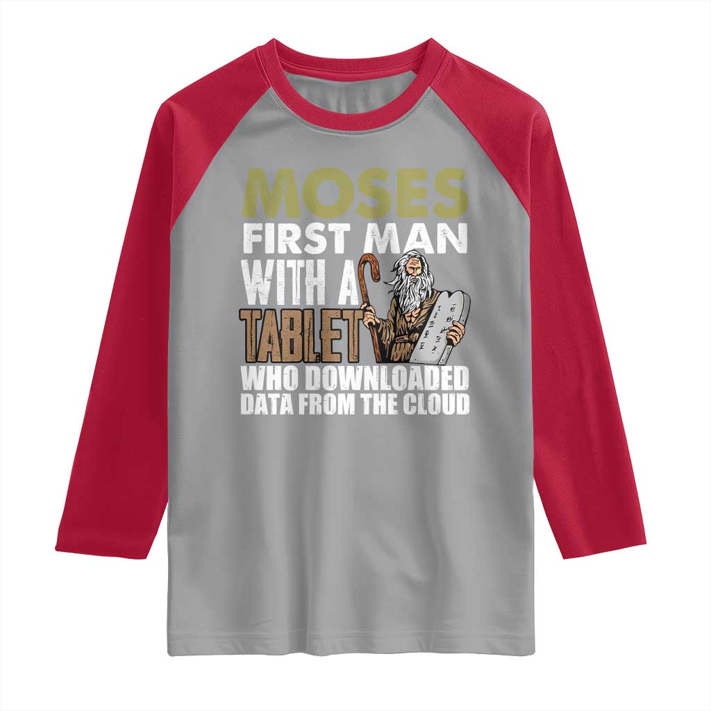 Funny Passover Jewish Tech Pun Raglan Shirt Moses First Man with a Tablet Who Downloaded Data from the Cloud TS02 Sport Gray Red Print Your Wear