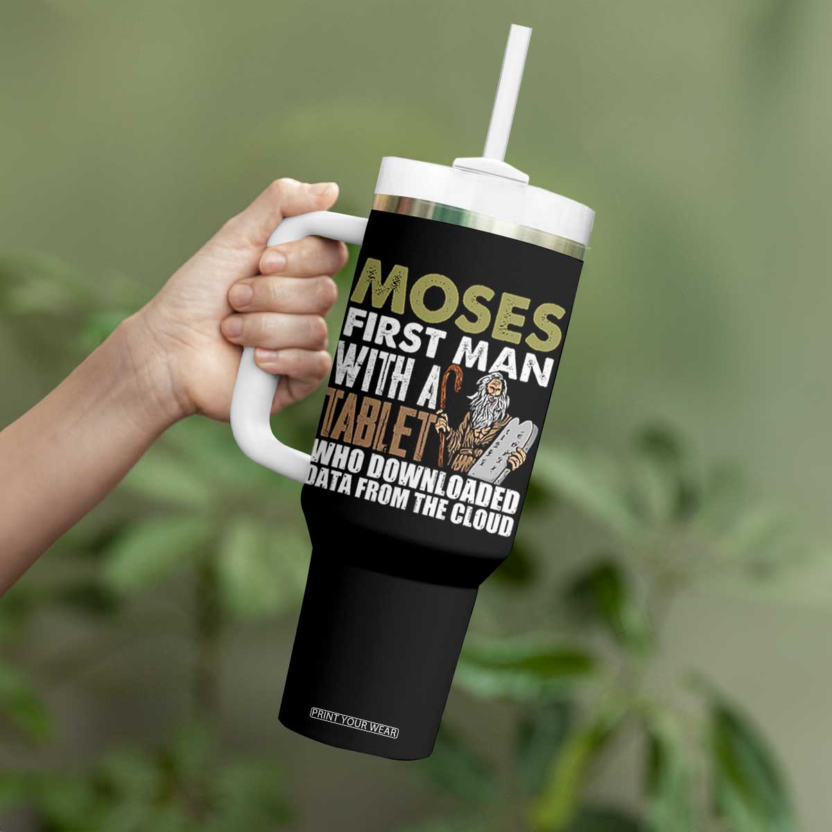 Funny Passover Jewish Tech Pun Tumbler With Handle Moses First Man with a Tablet Who Downloaded Data from the Cloud TS02 Print Your Wear