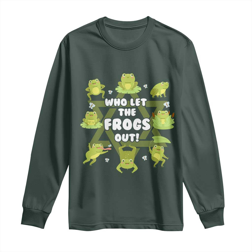 Funny Passover Long Sleeve Shirt Who Let the Frogs Out Jewish Seder Fami TS02 Dark Forest Green Print Your Wear