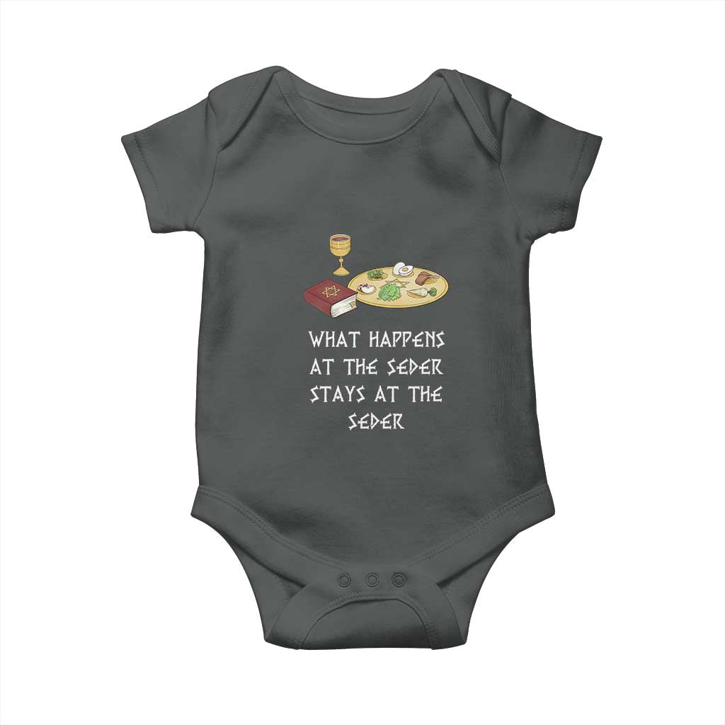 Funny Passover Seder Baby Onesie What Happens At The Seder Stays At The Seder Jewish Holiday TS02 Dark Heather Print Your Wear