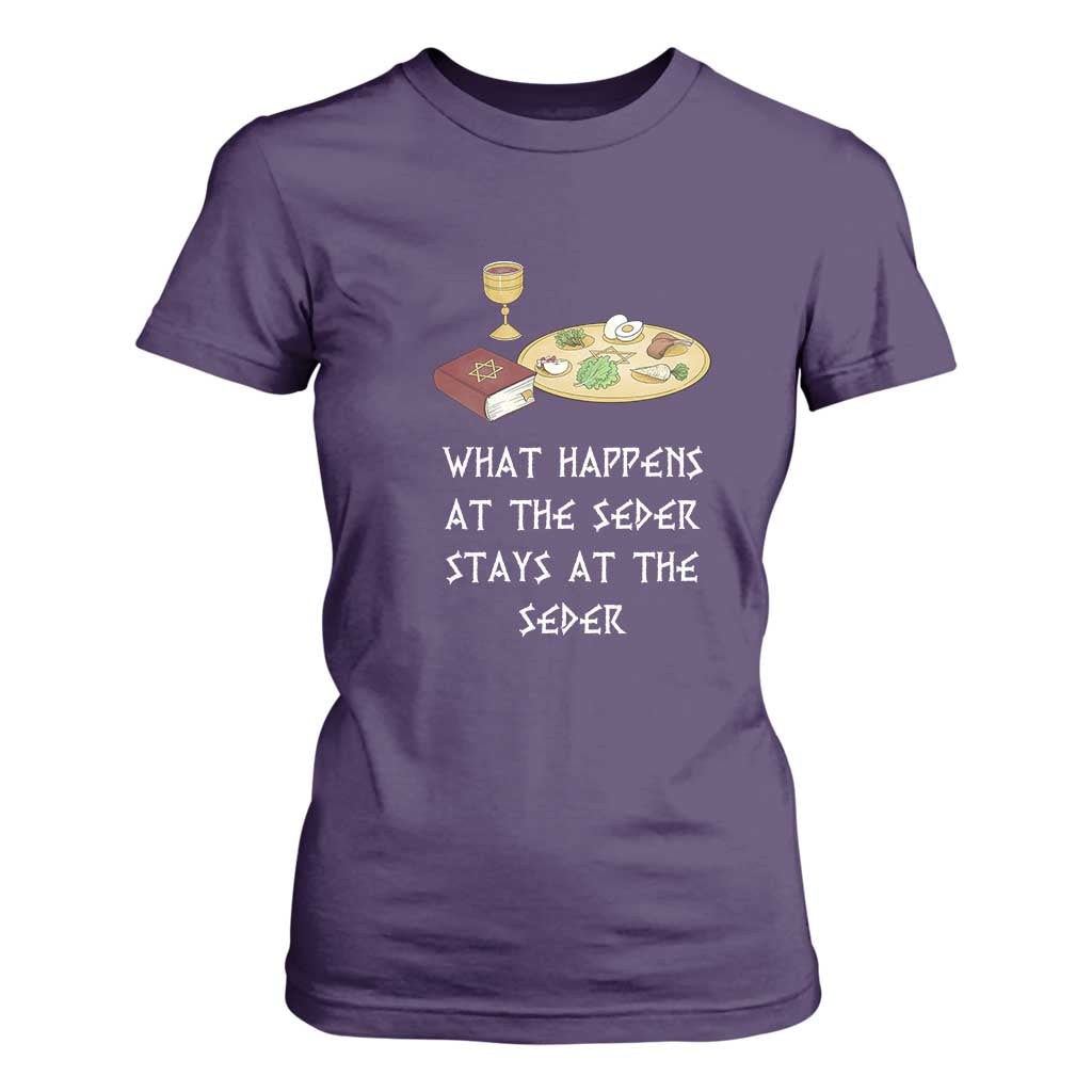 Funny Passover Seder T Shirt For Women What Happens At The Seder Stays At The Seder Jewish Holiday TS02 Purple Print Your Wear