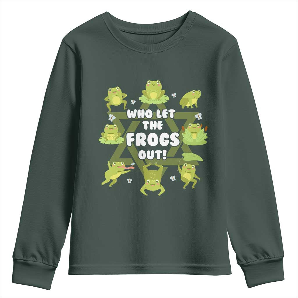 Funny Passover Youth Sweatshirt Who Let the Frogs Out Jewish Seder Fami TS02 Dark Forest Green Print Your Wear