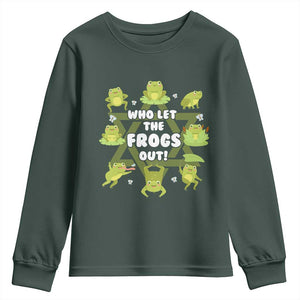 Funny Passover Youth Sweatshirt Who Let the Frogs Out Jewish Seder Fami TS02 Dark Forest Green Print Your Wear