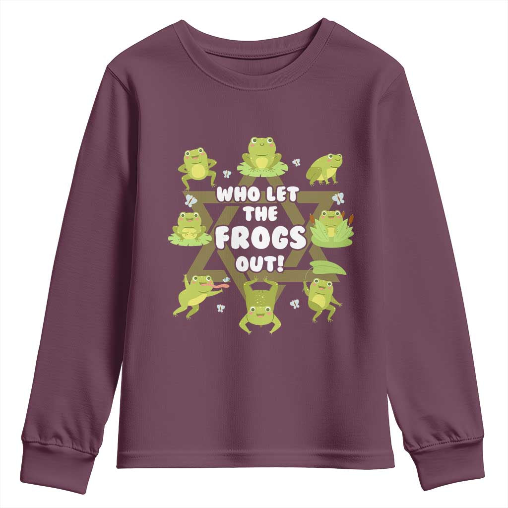Funny Passover Youth Sweatshirt Who Let the Frogs Out Jewish Seder Fami TS02 Maroon Print Your Wear
