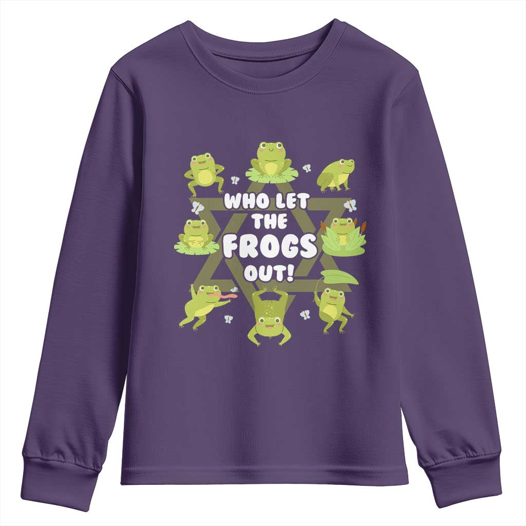Funny Passover Youth Sweatshirt Who Let the Frogs Out Jewish Seder Fami TS02 Purple Print Your Wear