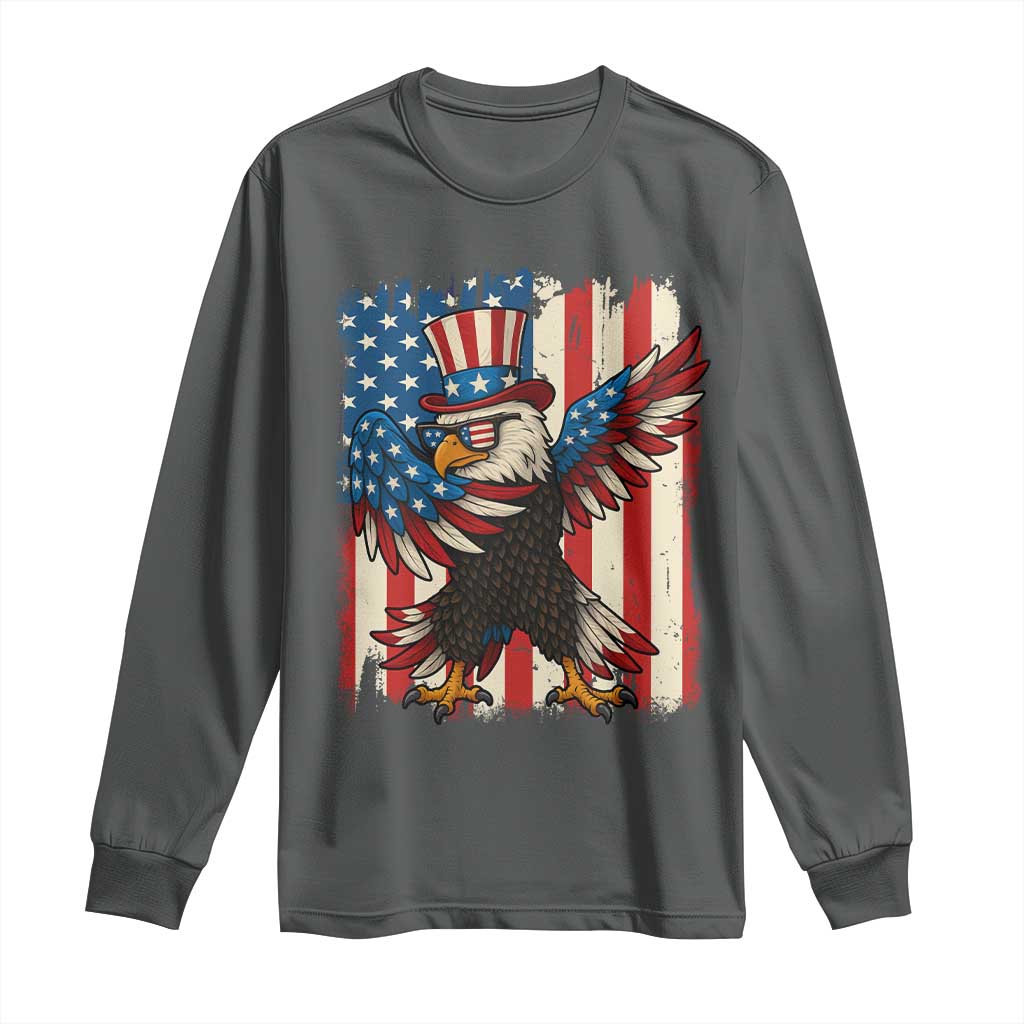 Funny Patriotic Dabbing American Flag Bald Eagle 4th Of July Long Sleeve Shirt TS11 Dark Heather Print Your Wear
