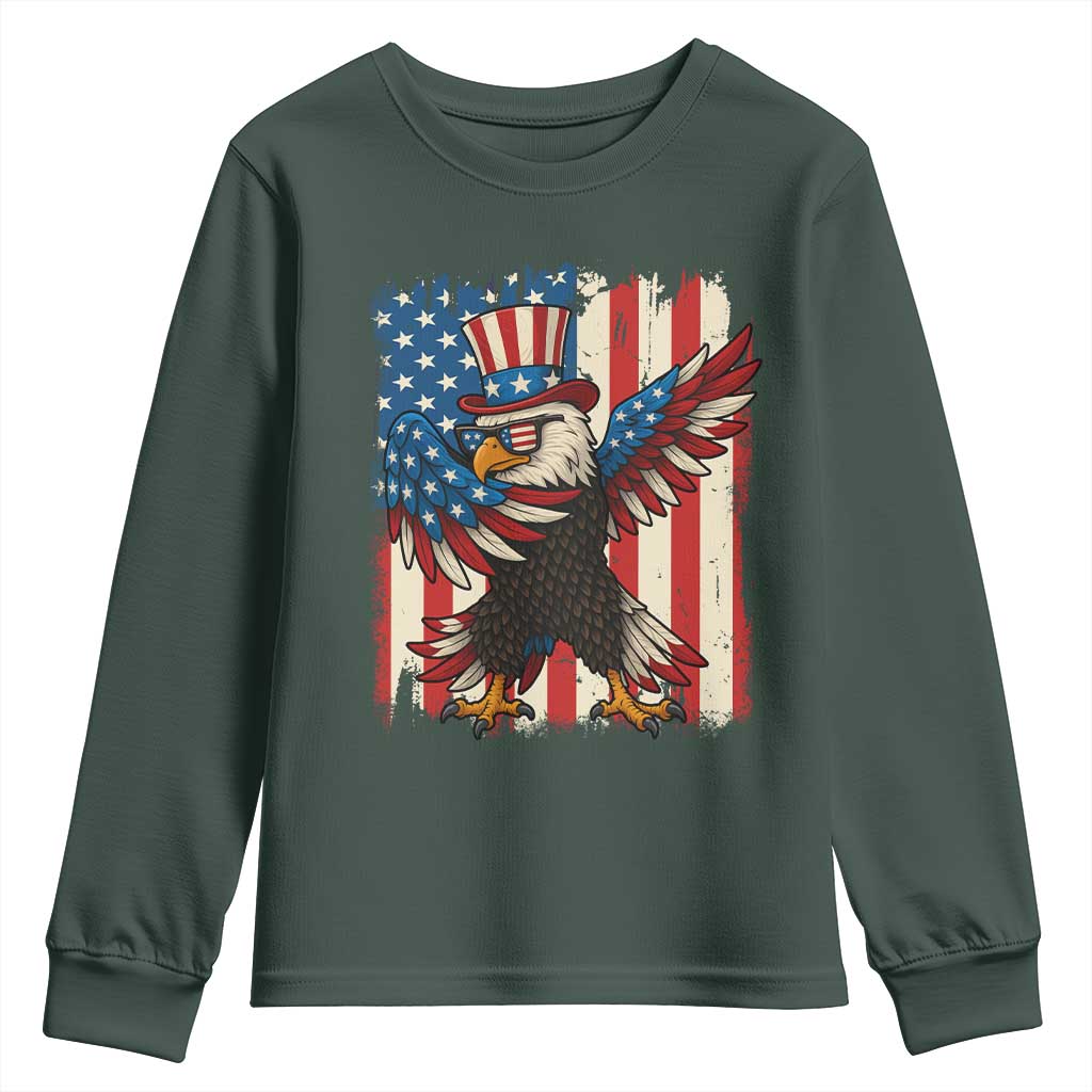Funny Patriotic Dabbing American Flag Bald Eagle 4th Of July Youth Sweatshirt TS11 Dark Forest Green Print Your Wear