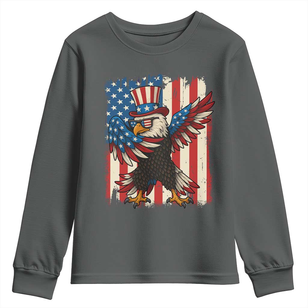 Funny Patriotic Dabbing American Flag Bald Eagle 4th Of July Youth Sweatshirt TS11 Dark Heather Print Your Wear