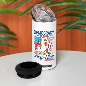 Funny Patriotic Duck Holding Firework 4 in 1 Can Cooler Tumbler Funny Democracy Is Dying But Hey Nice Fireworks 4th Of July TS02 Print Your Wear