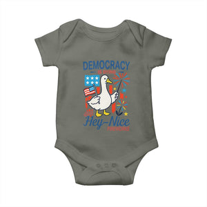 Funny Patriotic Duck Holding Firework Baby Onesie Funny Democracy Is Dying But Hey Nice Fireworks 4th Of July TS02 Military Green Print Your Wear