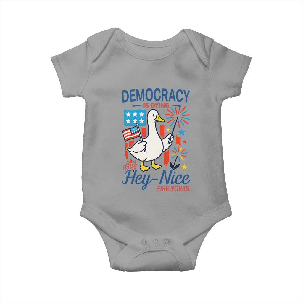 Funny Patriotic Duck Holding Firework Baby Onesie Funny Democracy Is Dying But Hey Nice Fireworks 4th Of July TS02 Sport Gray Print Your Wear