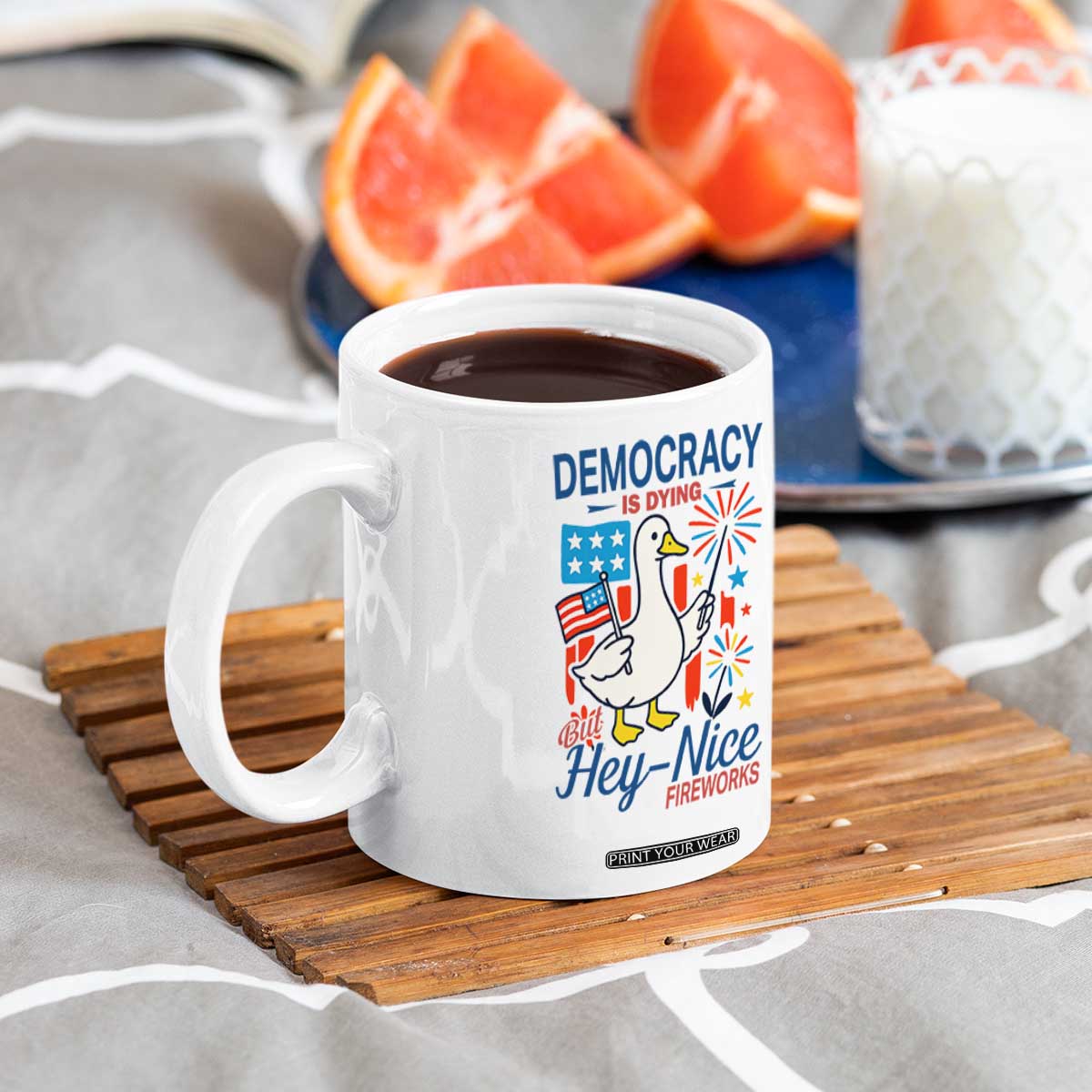 Funny Patriotic Duck Holding Firework Coffee Mug Funny Democracy Is Dying But Hey Nice Fireworks 4th Of July TS02 Print Your Wear