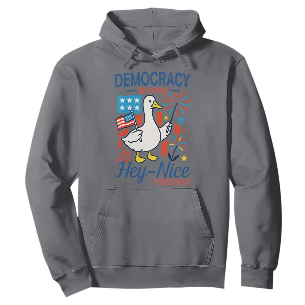 Funny Patriotic Duck Holding Firework Hoodie Funny Democracy Is Dying But Hey Nice Fireworks 4th Of July TS02 Charcoal Print Your Wear