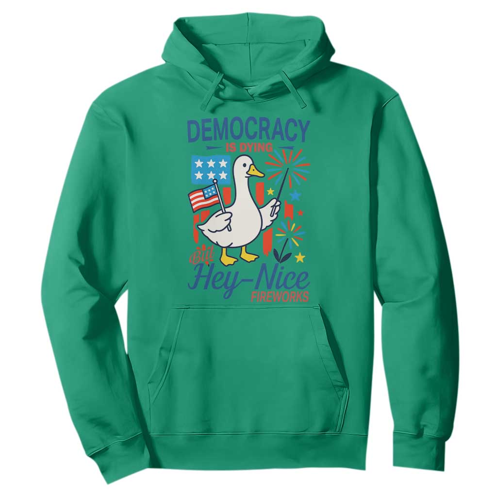 Funny Patriotic Duck Holding Firework Hoodie Funny Democracy Is Dying But Hey Nice Fireworks 4th Of July TS02 Irish Green Print Your Wear
