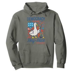 Funny Patriotic Duck Holding Firework Hoodie Funny Democracy Is Dying But Hey Nice Fireworks 4th Of July TS02 Military Green Print Your Wear