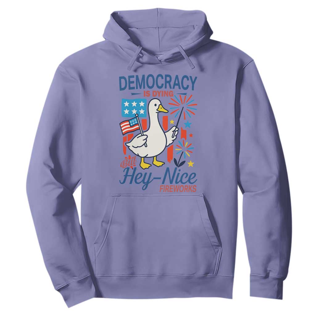 Funny Patriotic Duck Holding Firework Hoodie Funny Democracy Is Dying But Hey Nice Fireworks 4th Of July TS02 Violet Print Your Wear