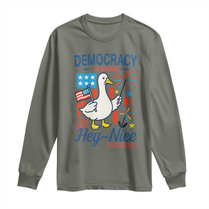 Funny Patriotic Duck Holding Firework Long Sleeve Shirt Funny Democracy Is Dying But Hey Nice Fireworks 4th Of July TS02 Military Green Print Your Wear