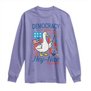 Funny Patriotic Duck Holding Firework Long Sleeve Shirt Funny Democracy Is Dying But Hey Nice Fireworks 4th Of July TS02 Violet Print Your Wear
