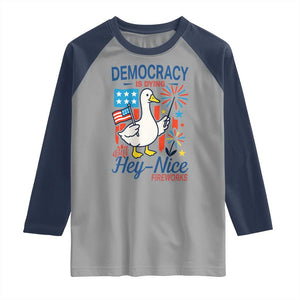 Funny Patriotic Duck Holding Firework Raglan Shirt Funny Democracy Is Dying But Hey Nice Fireworks 4th Of July TS02 Sport Gray Navy Print Your Wear
