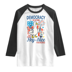 Funny Patriotic Duck Holding Firework Raglan Shirt Funny Democracy Is Dying But Hey Nice Fireworks 4th Of July TS02 White Black Print Your Wear