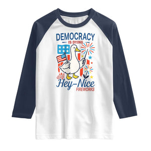Funny Patriotic Duck Holding Firework Raglan Shirt Funny Democracy Is Dying But Hey Nice Fireworks 4th Of July TS02 White Navy Print Your Wear