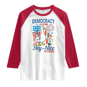 Funny Patriotic Duck Holding Firework Raglan Shirt Funny Democracy Is Dying But Hey Nice Fireworks 4th Of July TS02 White Red Print Your Wear
