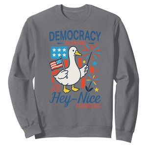 Funny Patriotic Duck Holding Firework Sweatshirt Funny Democracy Is Dying But Hey Nice Fireworks 4th Of July TS02 Charcoal Print Your Wear