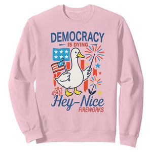 Funny Patriotic Duck Holding Firework Sweatshirt Funny Democracy Is Dying But Hey Nice Fireworks 4th Of July TS02 Light Pink Print Your Wear