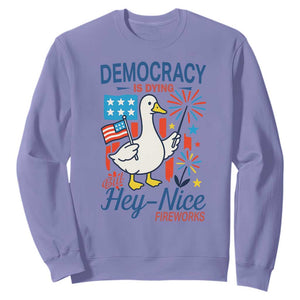 Funny Patriotic Duck Holding Firework Sweatshirt Funny Democracy Is Dying But Hey Nice Fireworks 4th Of July TS02 Violet Print Your Wear