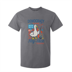 Funny Patriotic Duck Holding Firework T Shirt For Kid Funny Democracy Is Dying But Hey Nice Fireworks 4th Of July TS02 Charcoal Print Your Wear