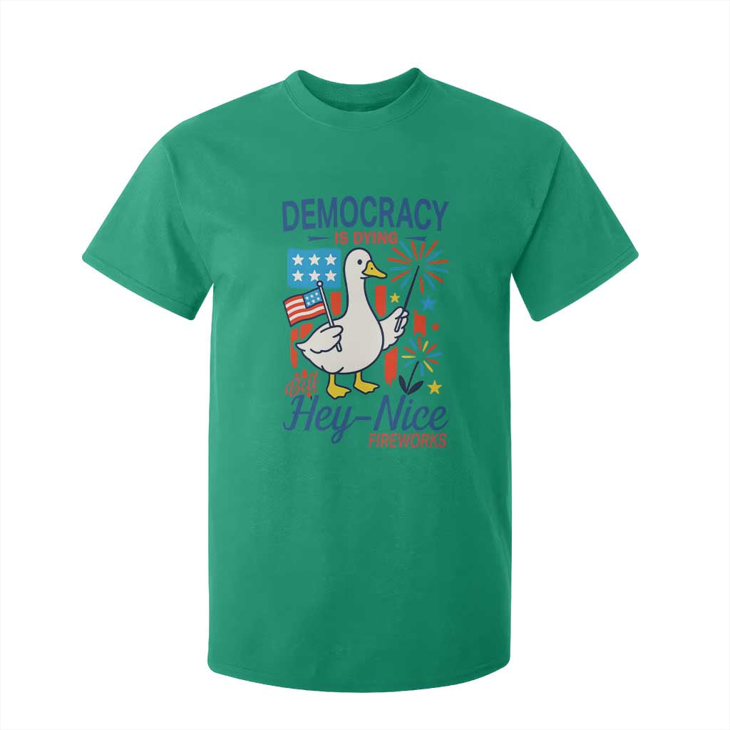 Funny Patriotic Duck Holding Firework T Shirt For Kid Funny Democracy Is Dying But Hey Nice Fireworks 4th Of July TS02 Irish Green Print Your Wear
