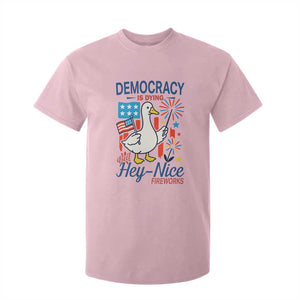Funny Patriotic Duck Holding Firework T Shirt For Kid Funny Democracy Is Dying But Hey Nice Fireworks 4th Of July TS02 Light Pink Print Your Wear