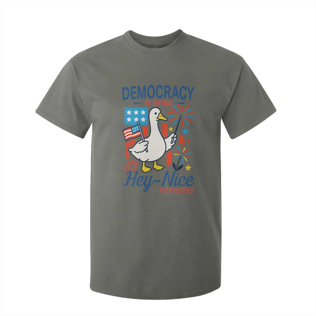 Funny Patriotic Duck Holding Firework T Shirt For Kid Funny Democracy Is Dying But Hey Nice Fireworks 4th Of July TS02 Military Green Print Your Wear