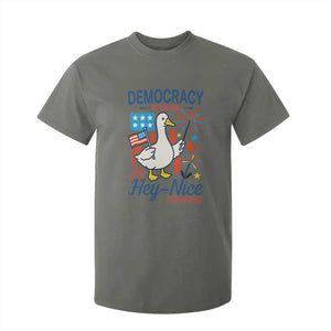 Funny Patriotic Duck Holding Firework T Shirt For Kid Funny Democracy Is Dying But Hey Nice Fireworks 4th Of July TS02 Military Green Print Your Wear