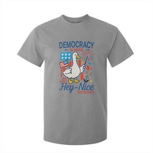 Funny Patriotic Duck Holding Firework T Shirt For Kid Funny Democracy Is Dying But Hey Nice Fireworks 4th Of July TS02 Sport Gray Print Your Wear