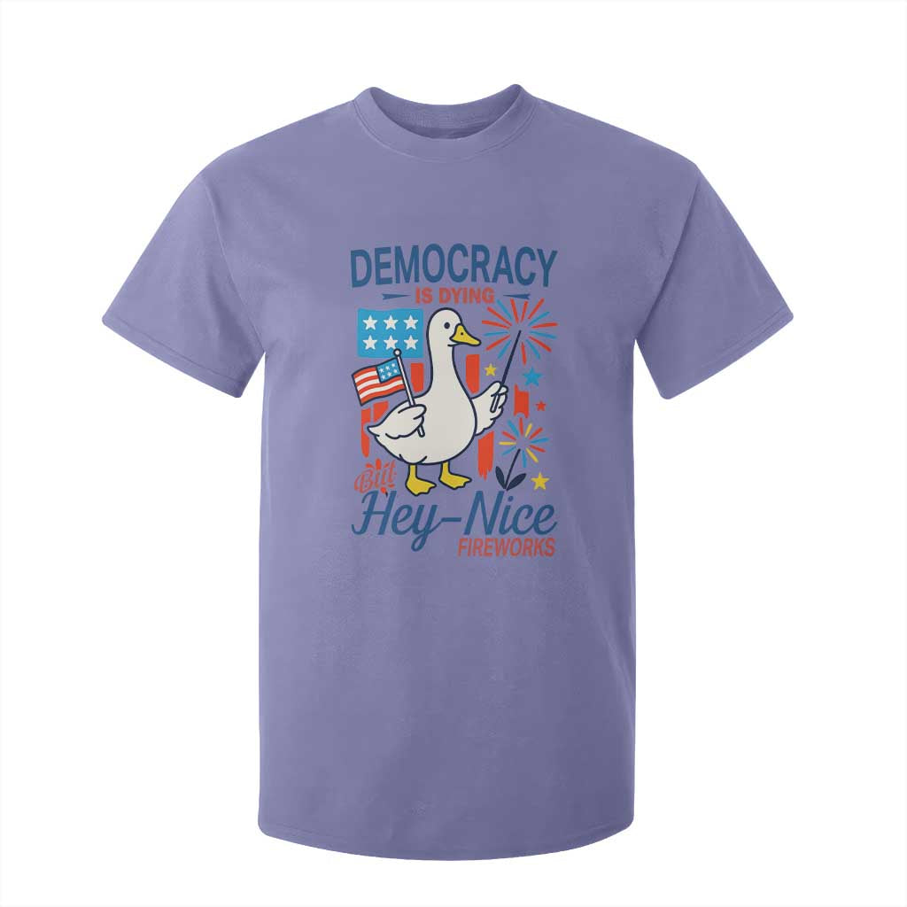 Funny Patriotic Duck Holding Firework T Shirt For Kid Funny Democracy Is Dying But Hey Nice Fireworks 4th Of July TS02 Violet Print Your Wear