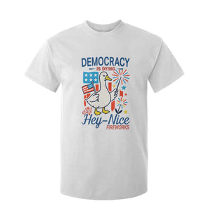 Funny Patriotic Duck Holding Firework T Shirt For Kid Funny Democracy Is Dying But Hey Nice Fireworks 4th Of July TS02 White Print Your Wear