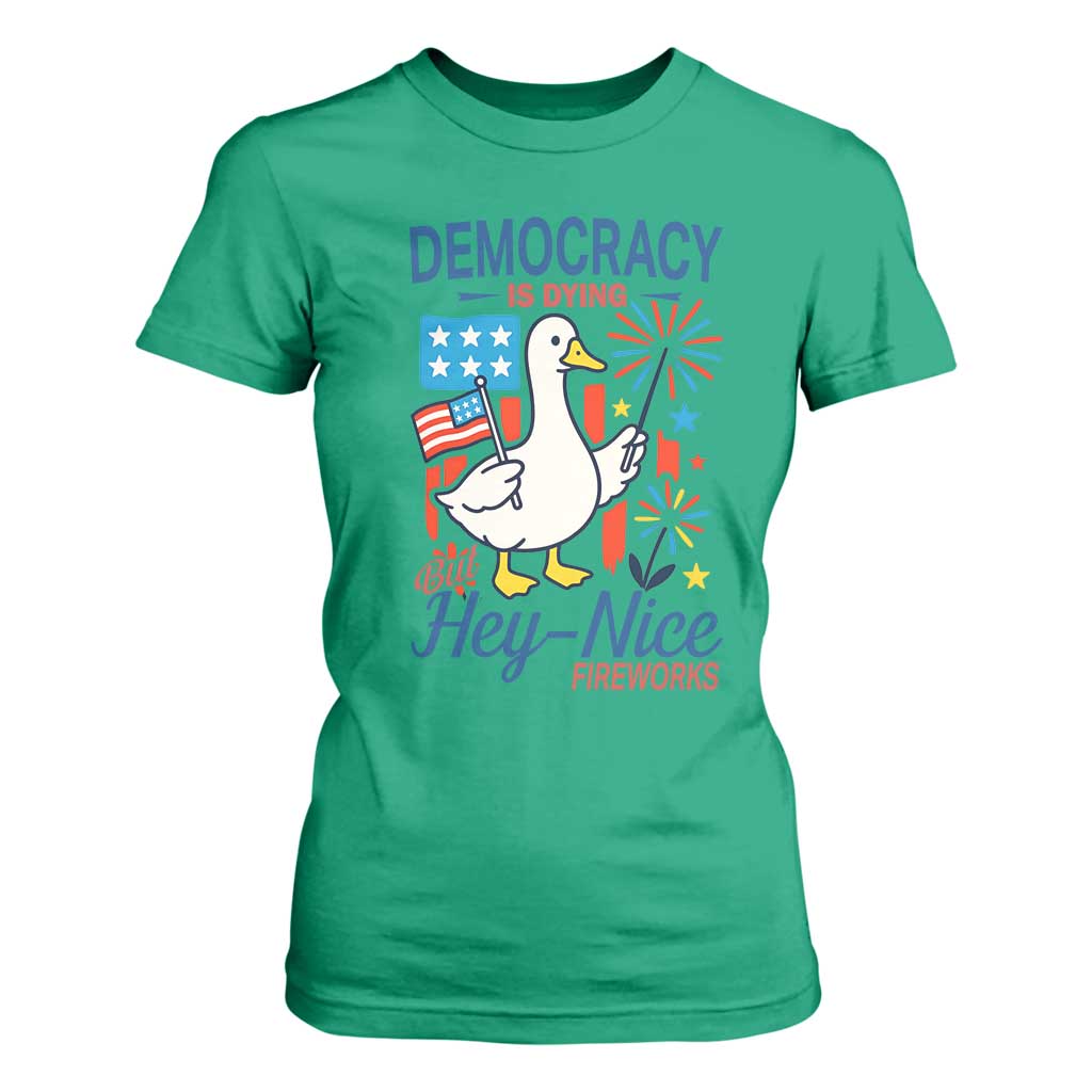 Funny Patriotic Duck Holding Firework T Shirt For Women Funny Democracy Is Dying But Hey Nice Fireworks 4th Of July TS02 Irish Green Print Your Wear