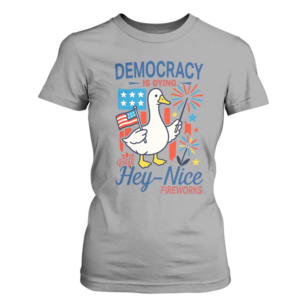 Funny Patriotic Duck Holding Firework T Shirt For Women Funny Democracy Is Dying But Hey Nice Fireworks 4th Of July TS02 Sport Gray Print Your Wear