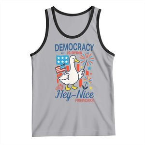 Funny Patriotic Duck Holding Firework Tank Top Funny Democracy Is Dying But Hey Nice Fireworks 4th Of July TS02 Athletic Heather Black Print Your Wear
